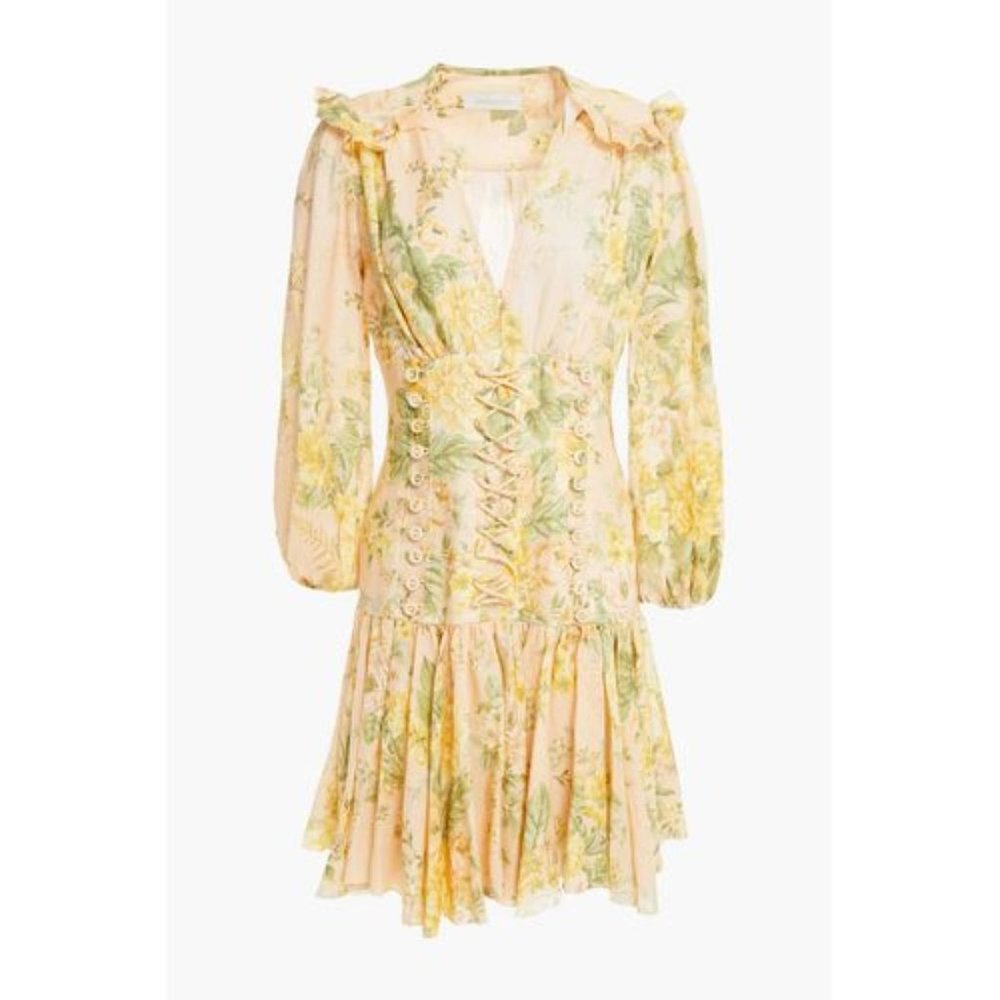 Zimmermann AMELIE CORSET LACE-UP FLORAL-PRINT LINEN MINI DRESS